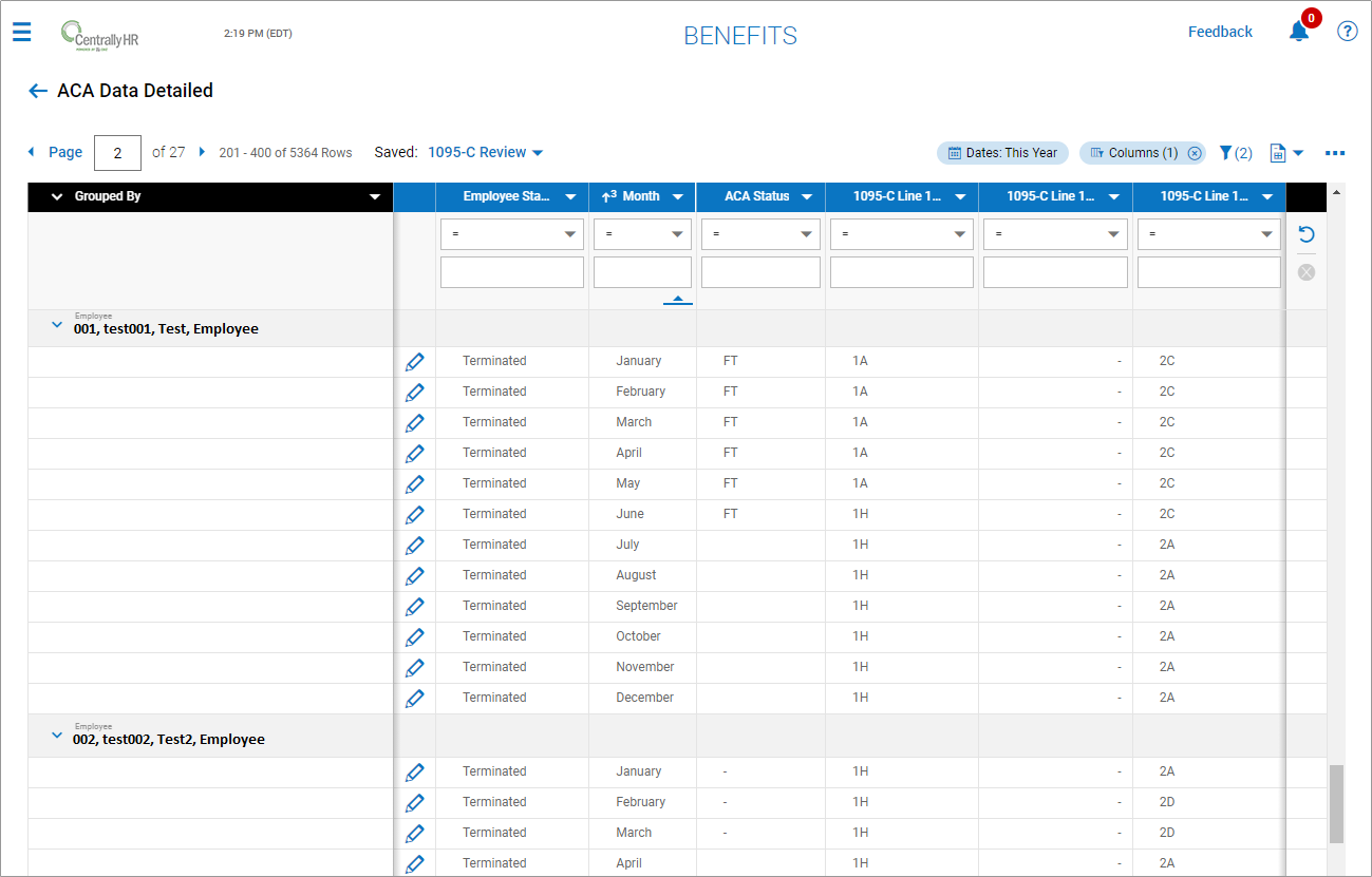 ACA Data Detailed Report in Centrally HR