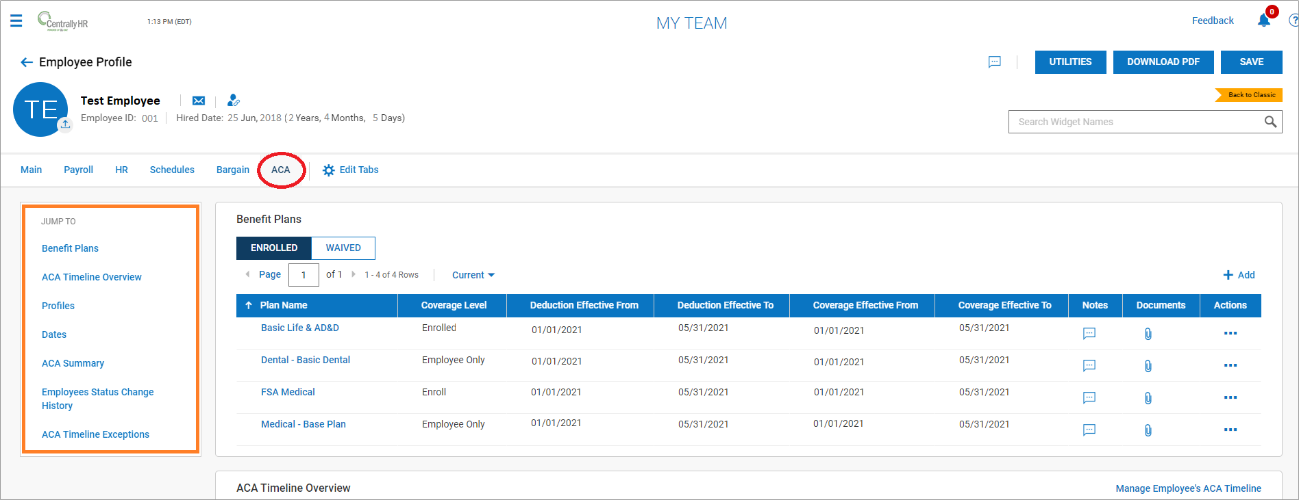 Employee ACA Tab Overview in Centrally HR